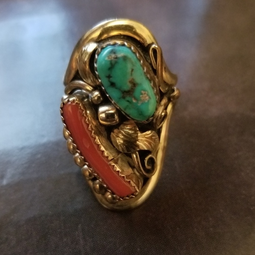 Turquoise and Coral Sterling Silver Size 9